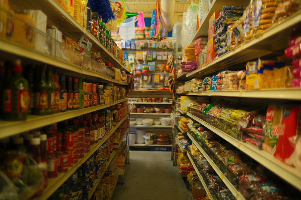 Shelves of packaged food and grocery products